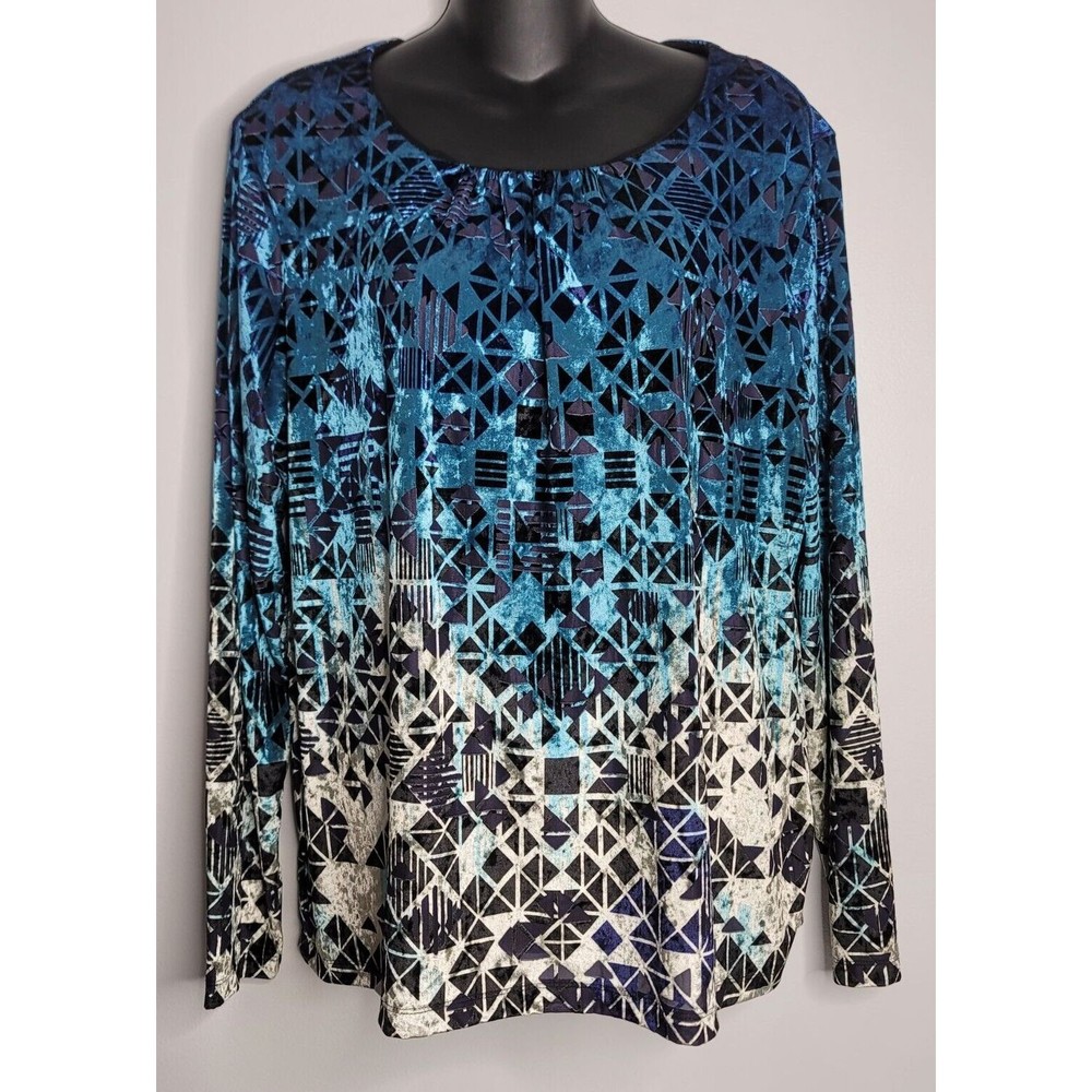 Chicos Womens Top Blouse 2 Large Velvet‎ Geometric Ombre Shimmer Long Sleeve